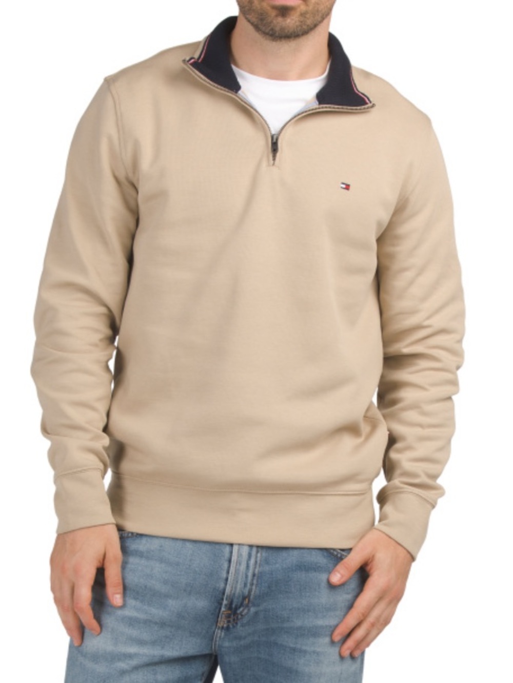 Tommy Hilfiger Men's Zip-Up Sweater in Beige with Navy Trim